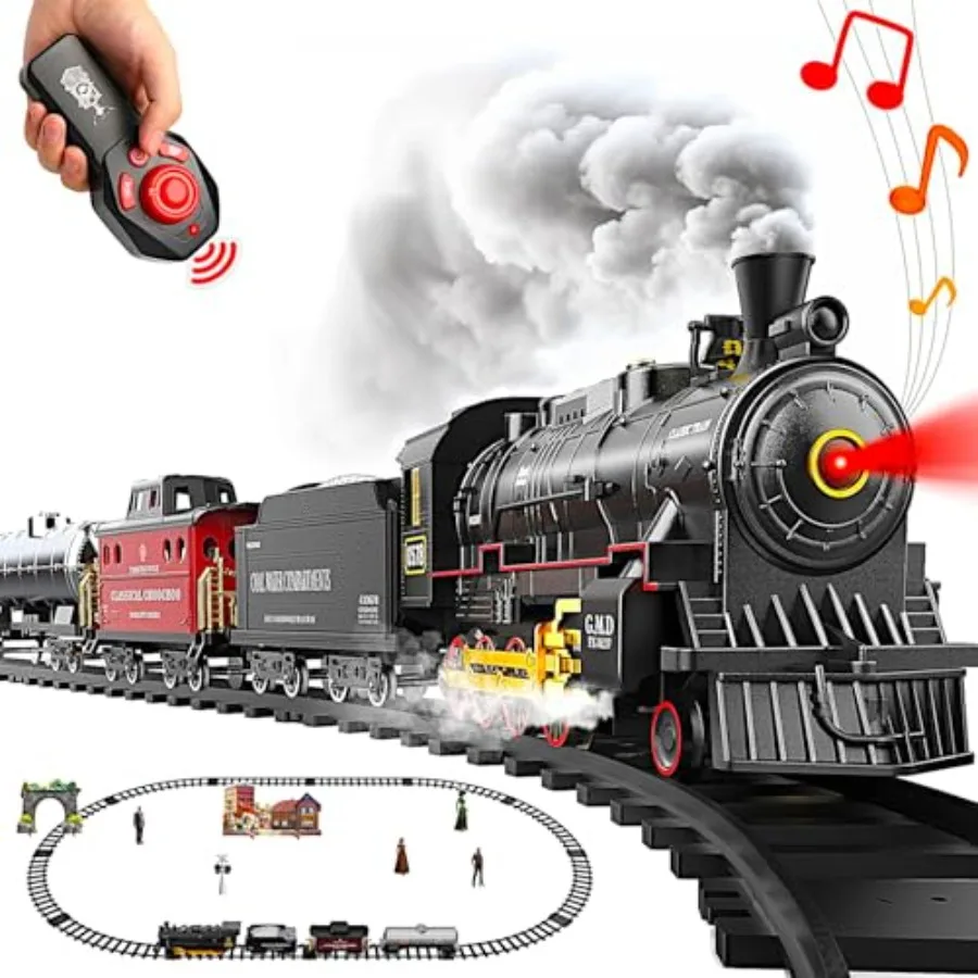 

Radio Control Retro Cargo Train Set for Christmas Tree Decoration: Metal Alloy Locomotive in Red Black with Smoke, Sound, Light