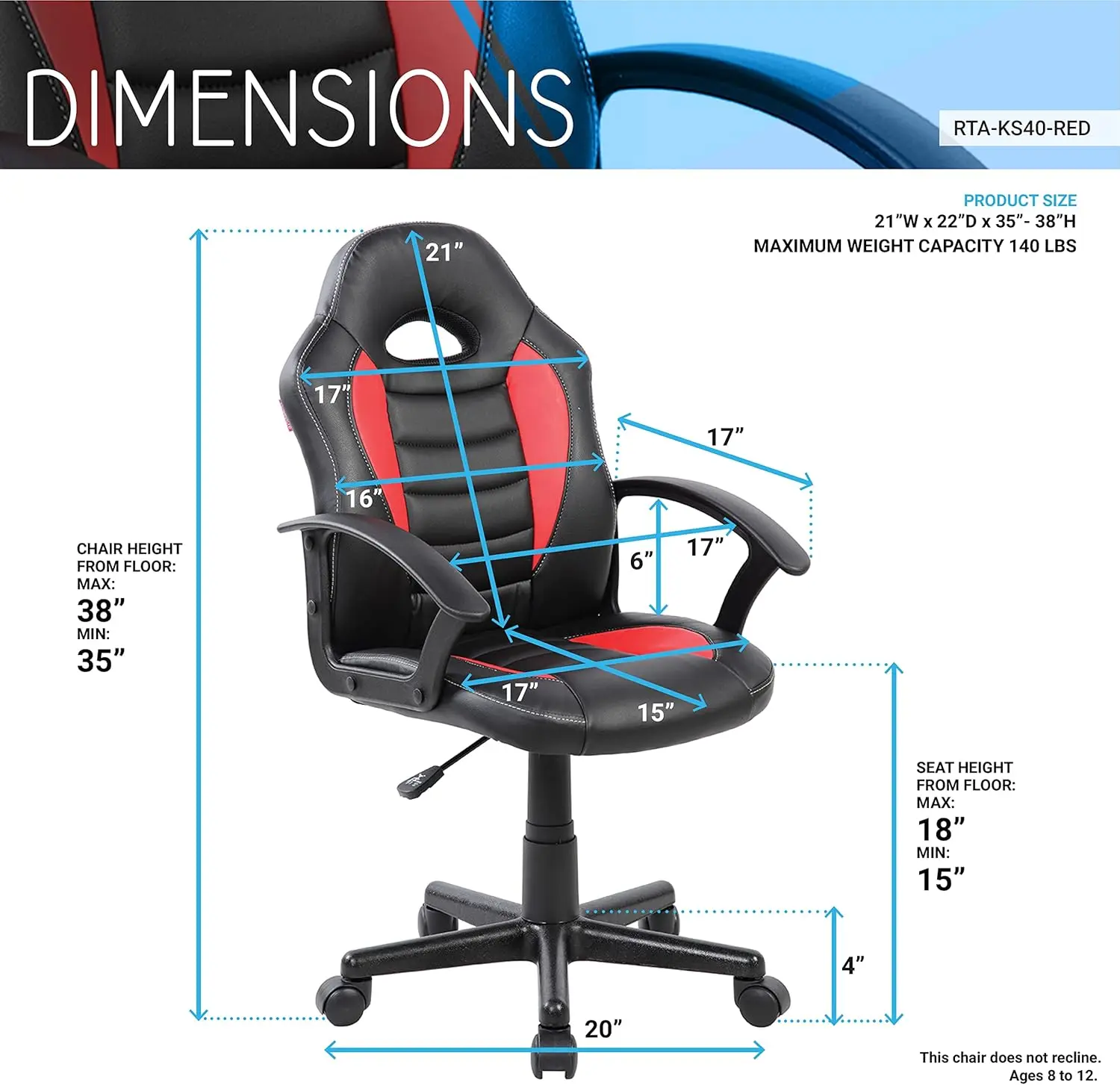 

Kid'S Gaming And Student Racer Chair With Wheels, Red 22D X 21.25W X 35.25H In