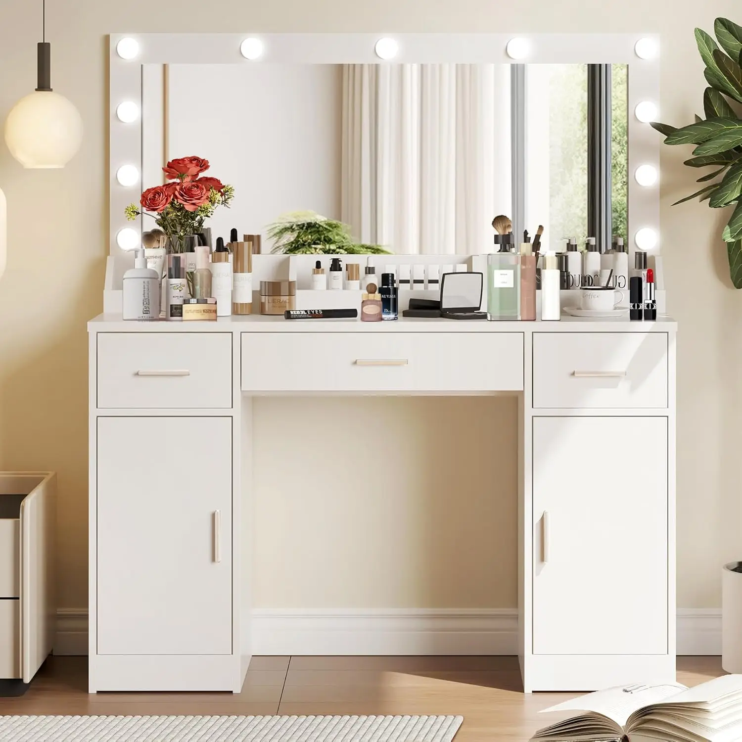 

47.5” Vanity Desk with Large Mirror, 3 Colour Lighting Modes, Adjustable Brightness, Dresser with 3 Drawers & 2 Vertical Cabinet