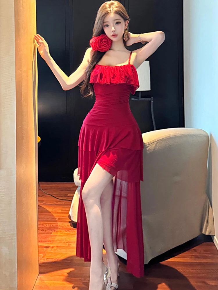 Frauen Rot Elegante Rüschen Sexy Sling Langes Kleid Sommer Mode Luxus Gala Kleid 2025, Koreanische Vintage Bodycon Festival Prom Kleid