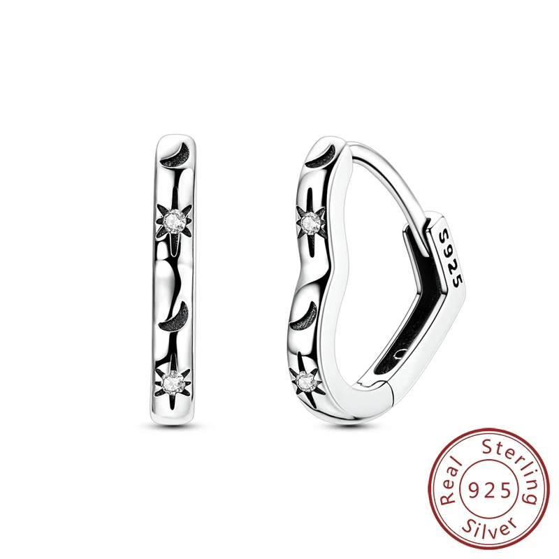 

Magnificent 100% 925 Sterling Silver Star Moon Stone Heart Hoop Earrings For Women Fashion Jewelry
