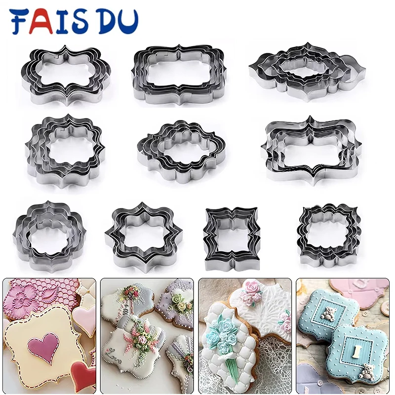 FAIS DU 4Pcs Stainless Steel Cookie Mold Stamper Nameplate DIY Biscuit Blessing Circle Flower Frame Cake Decoration Backware