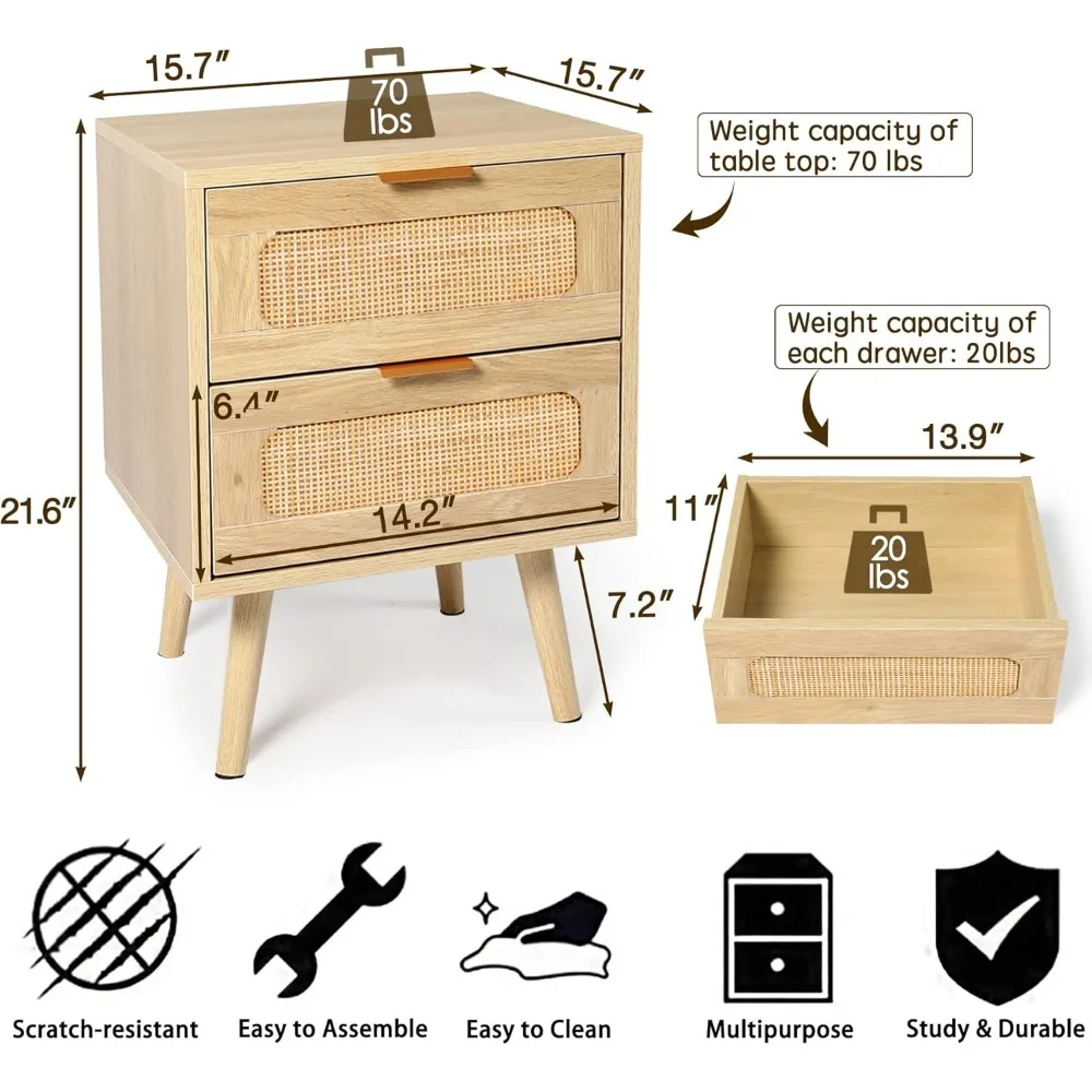 مجموعة منضدة بأدراج الروطان الحديثة، طاولات بجانب السرير خشبية مكونة من قطعتين لغرف النوم، طاولات جانبية أنيقة ذات درجين