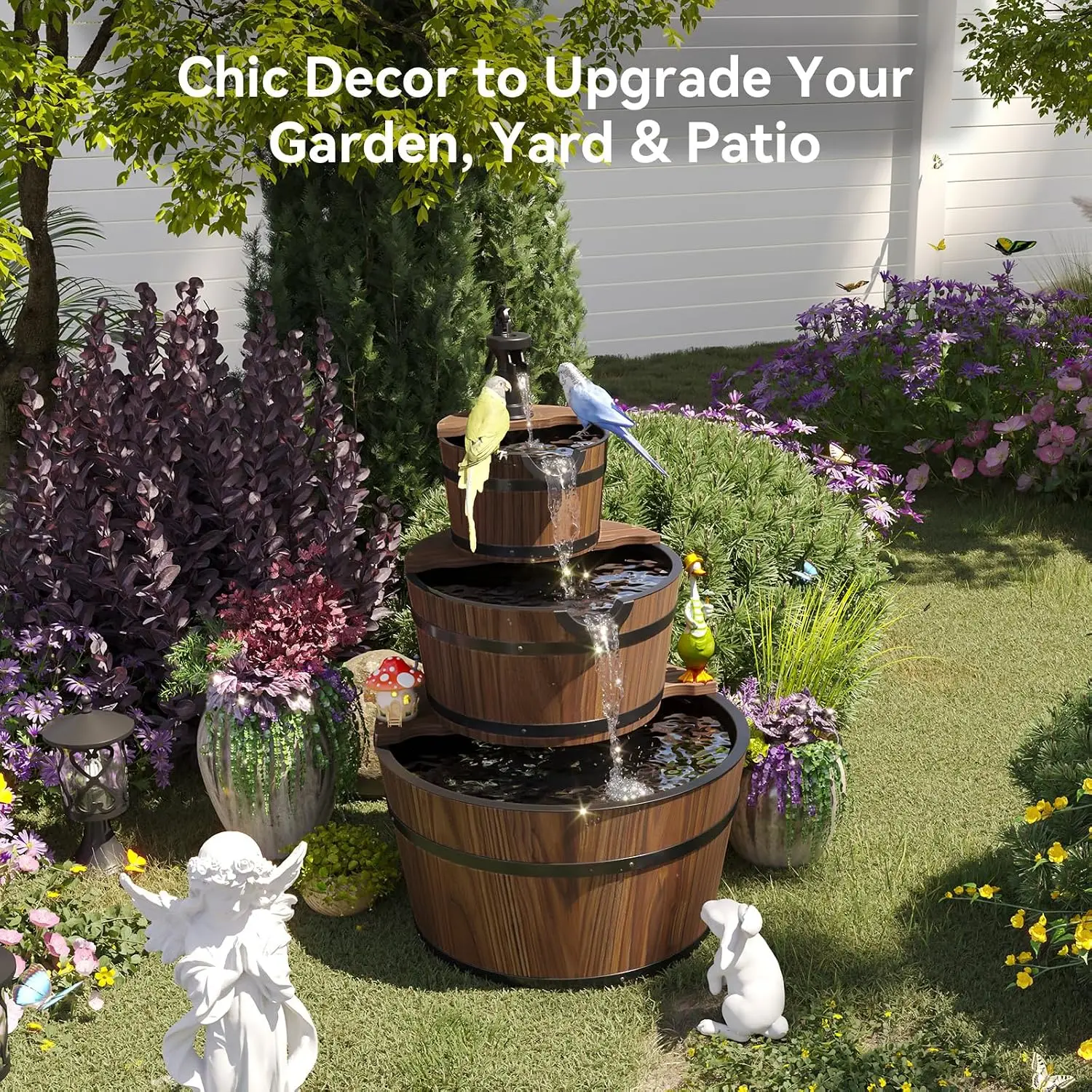 3-Tier Outdoor Water Fountain with Rustic Wooden Barrel Design, Adjustable Pump & Vintage Hand Pump Aesthetic for Garden Patio