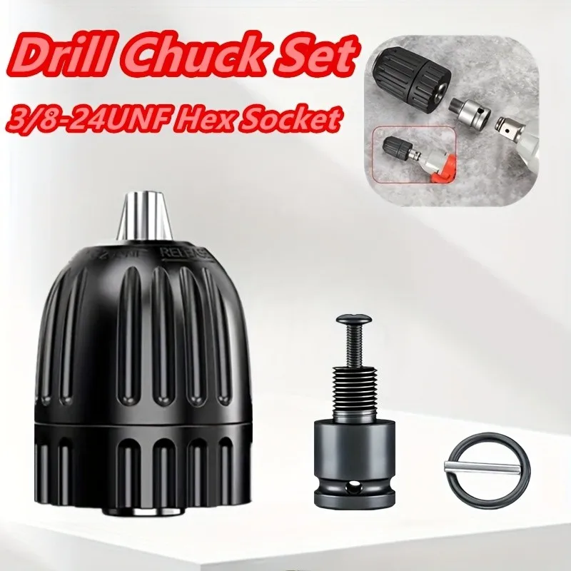 

2Pc 3/8-24UNF Hex Socket Drill Chuck Kit - Self-Locking Keyless, Metal Converter
