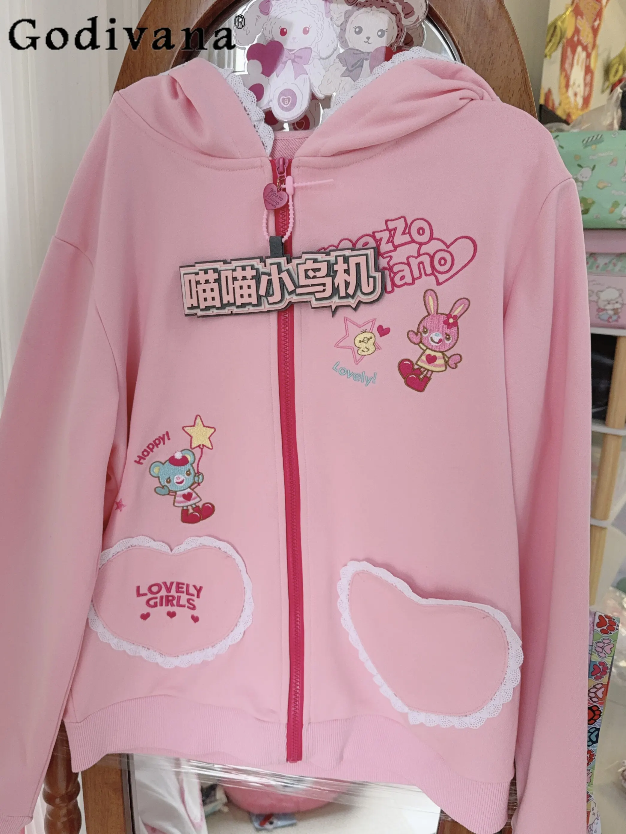 

Original Kawaii Daughter Clothes Spring New Student Girls Cute Cartoon Embroidered Zip Hooded Jacket Cotton Coats for Women