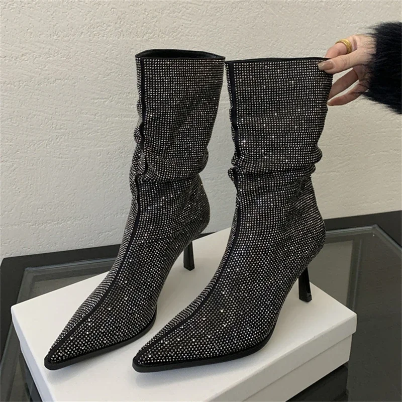 Outono inverno strass mulher botas de tornozelo apontou toe sexy fino sapatos de salto alto modem botas zapatillas de mujer