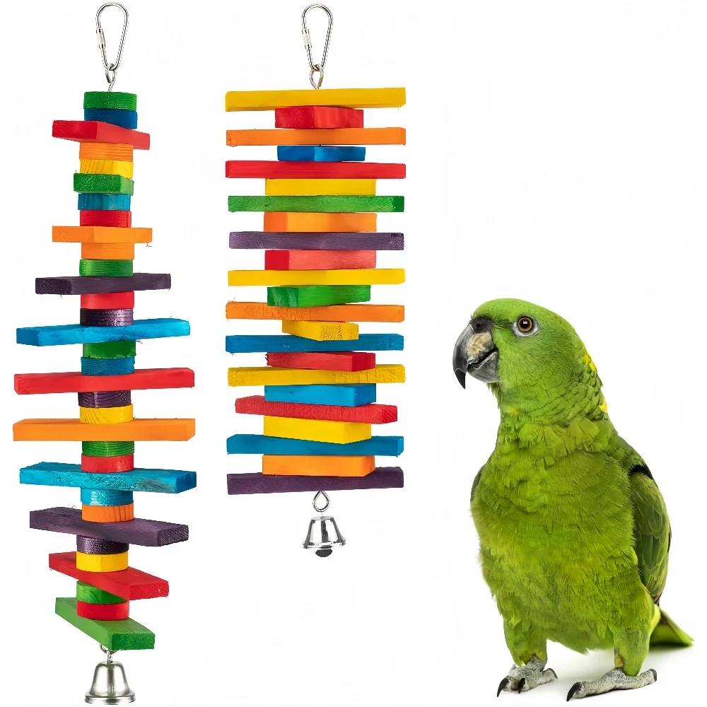 Colorful Wooden Parrot Chewing Toy Hanging Bird Cage Accessory for Medium Large Parrots, Natural Wood Beak Grinding Toy