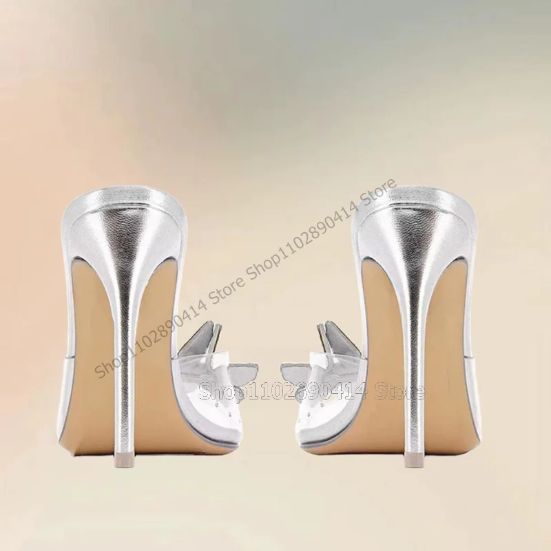 Silver Crystal Butterfly Design PVC Peep Toe Slippers Slip On Women Shoes Thin High Heels Fashion Party 2023 Zapatos Para Mujere