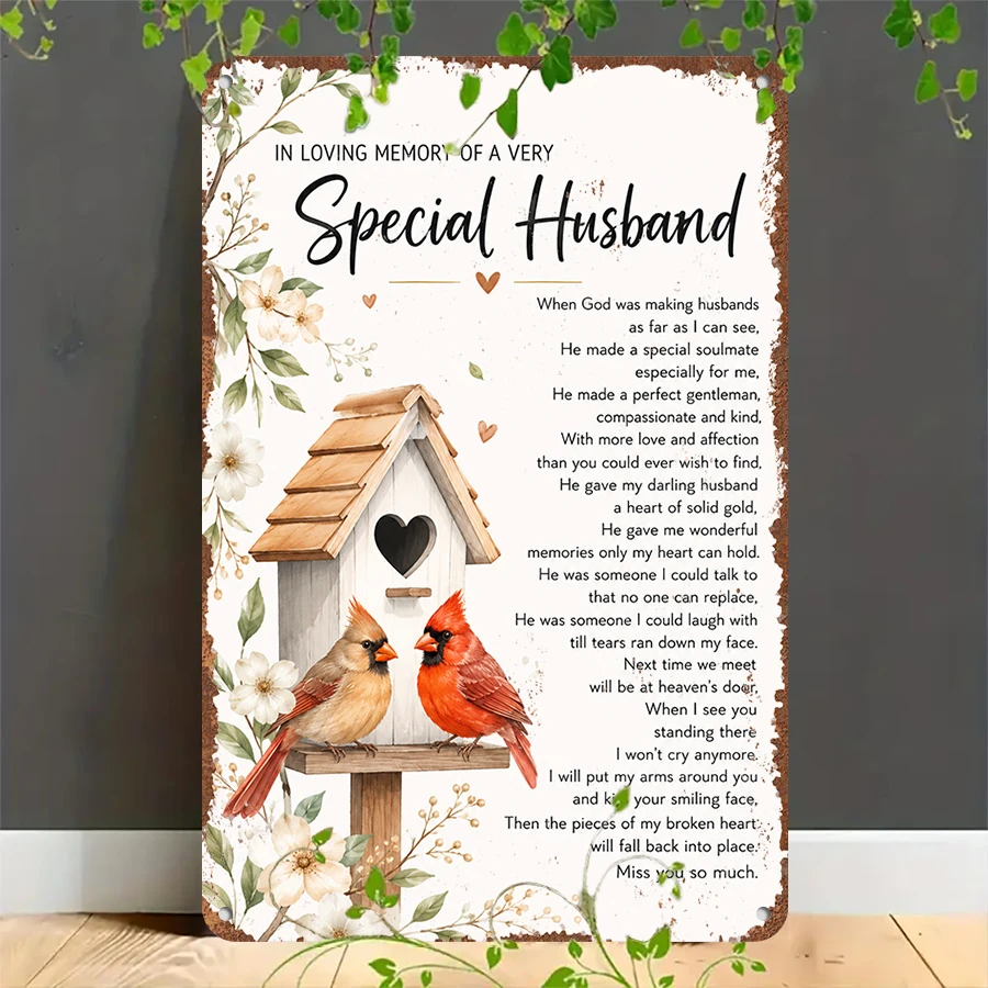 2D flat retro metal tin plate, Special Husband Cardinal Memorial Tin Sign, Suitable for home, garage, café, bar and garden decoration