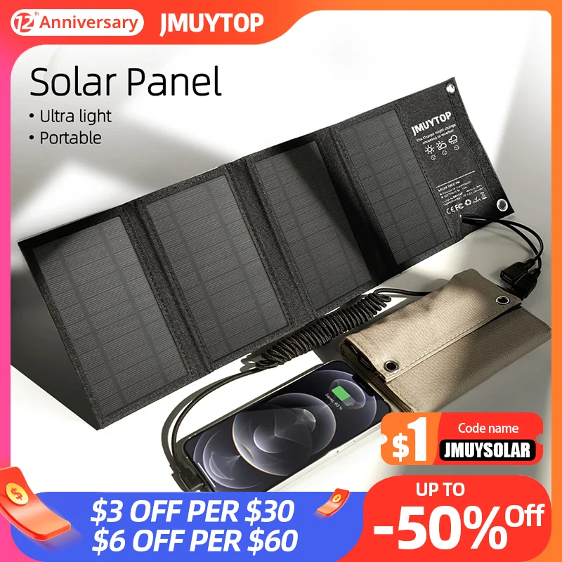 JMUYTOP Portable Folding Solar Panel 7W 10W Solar Cells Charger 5V Two USB Outdoor Hiking Waterproof power bank Accessories 250g