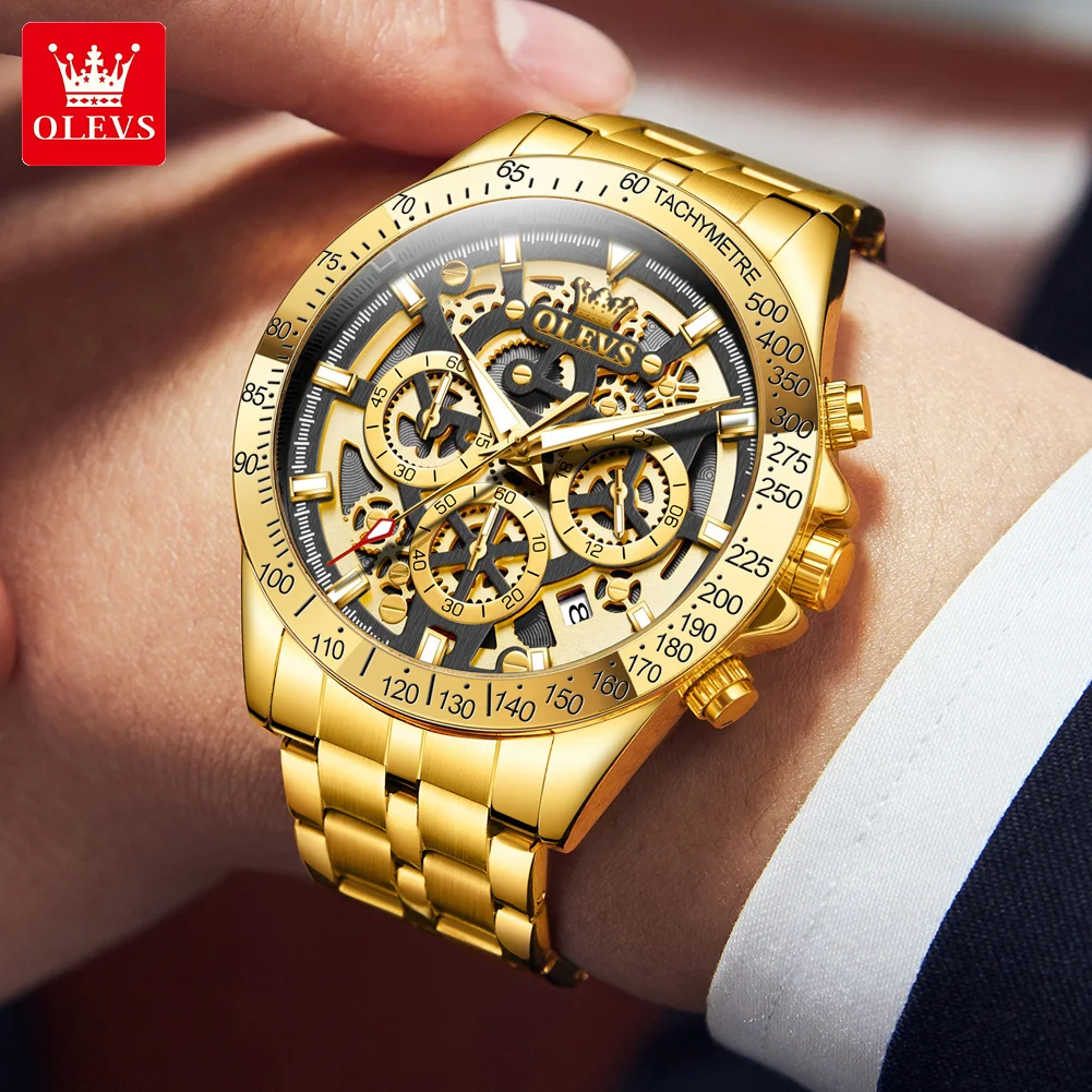 OLEVS Lxuxry Brand Gold Men\'s Watches Full Skeleton Stainless steel Chronograph Wristwatch Waterproof Luminous Quartz Watch Men