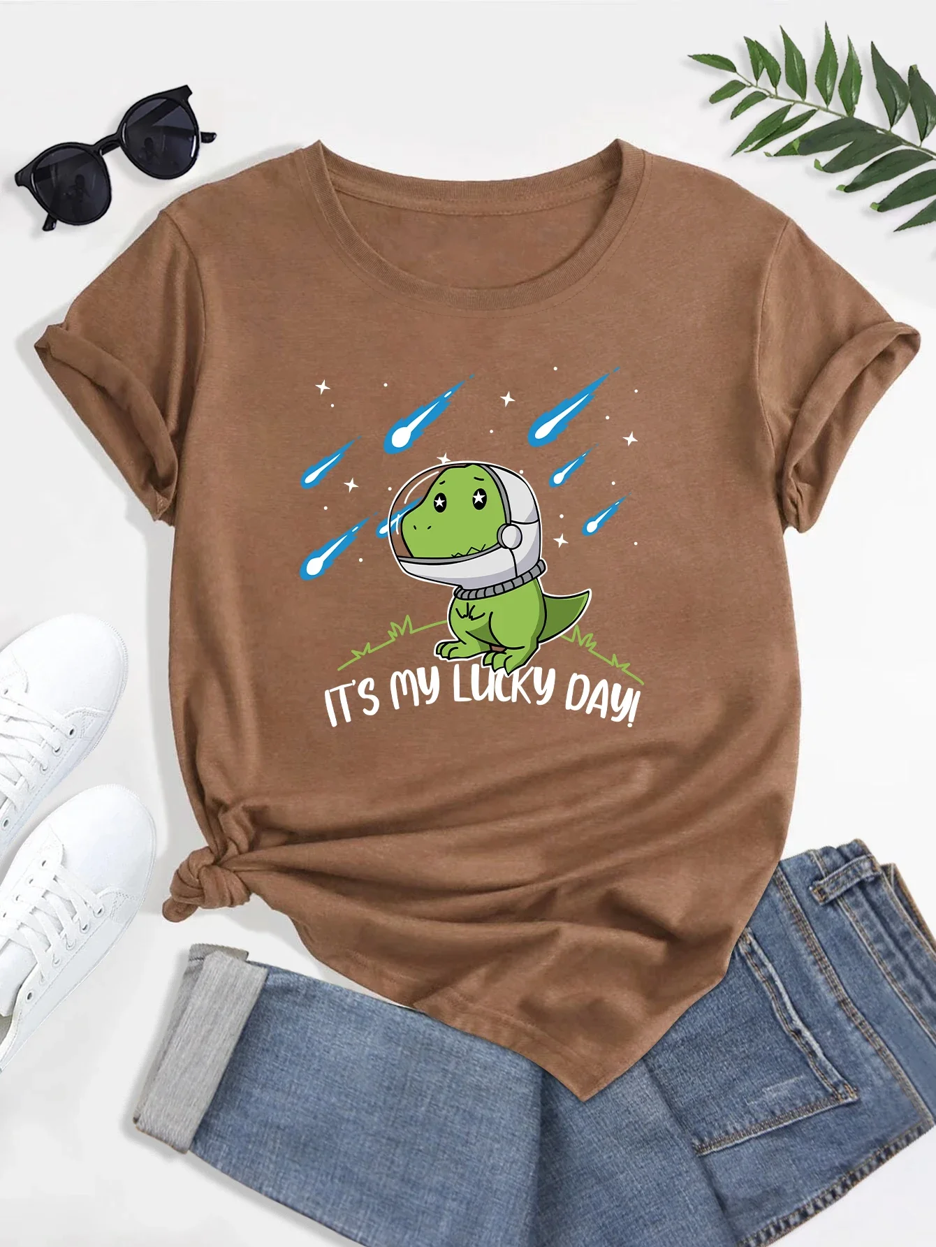 'It's my lucky day' Tee Tops Fashion Summer T Shirts Print Crew Neck T-shirt,Women's Casual Loose Short Sleeve Women's Clothing