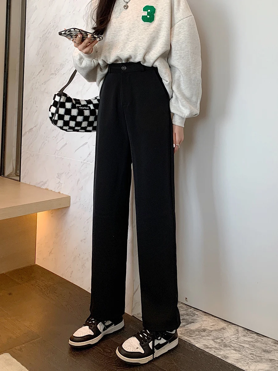 

Зимние шерстяные брюки с широкими штанинами для женщин, с высокой талией, свободного кроя, больших размеров, черные, струящиеся, прямые брюки, костюмные брюки, повседневные, модные