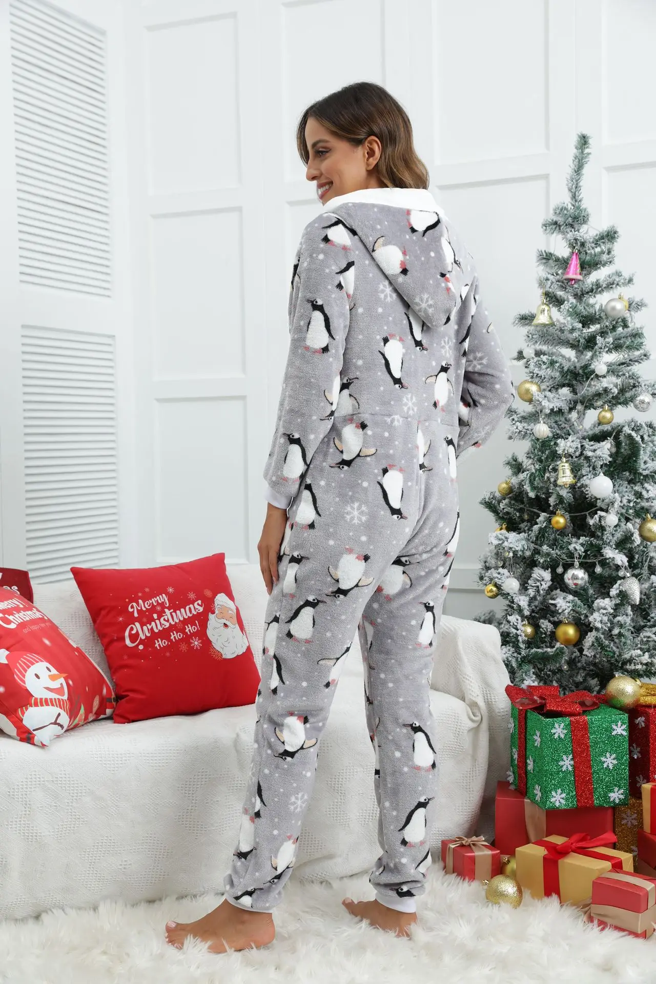 2022 Women Grey Flannel Penguin Print Pajamas Costumes Winter Adults Hooded Onesies Jumpsuits