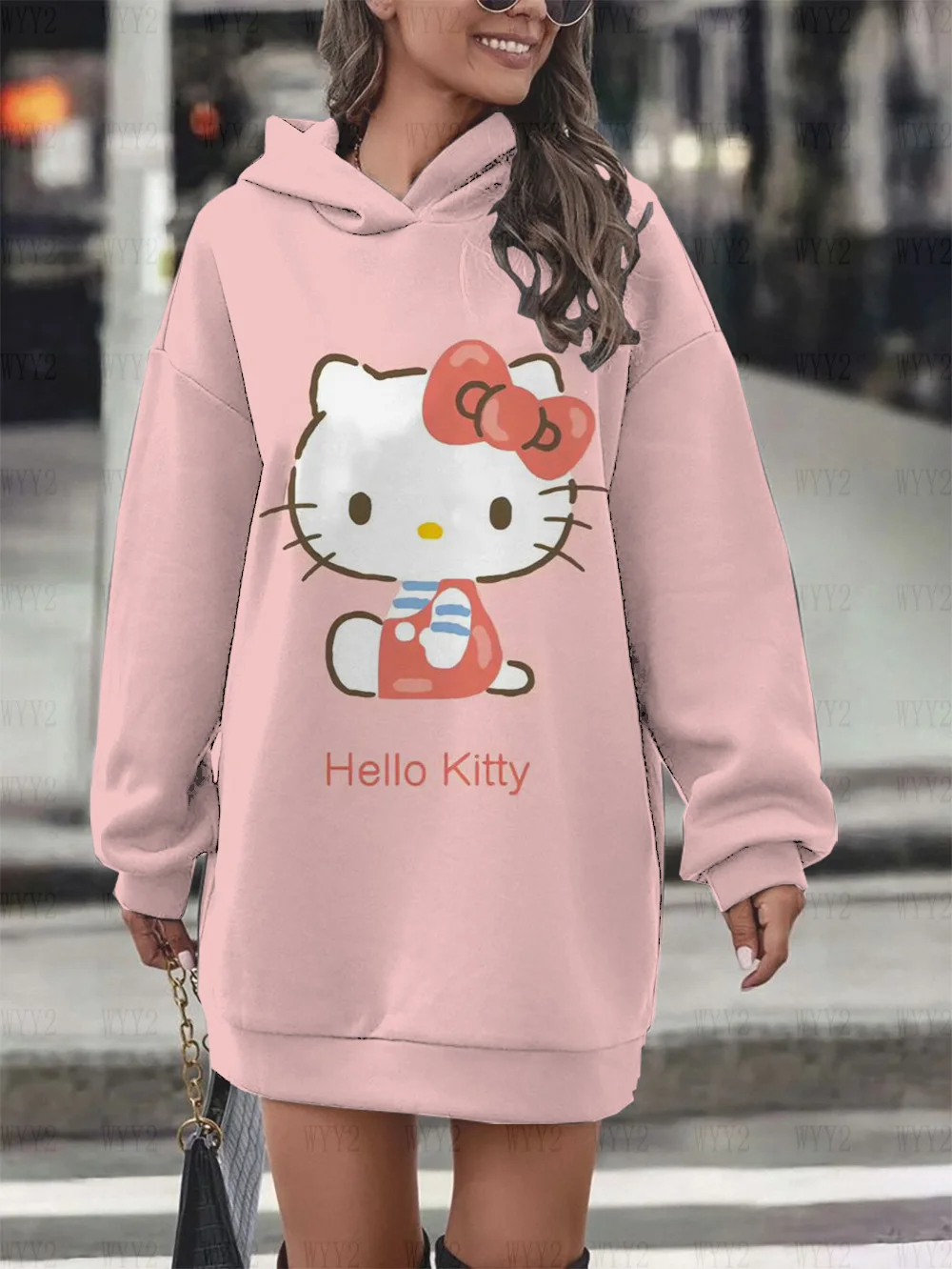

New autumn and winter women's retro loose dress hoodie skirt Hello Kitty print versatile pullover fashion simple hoodie