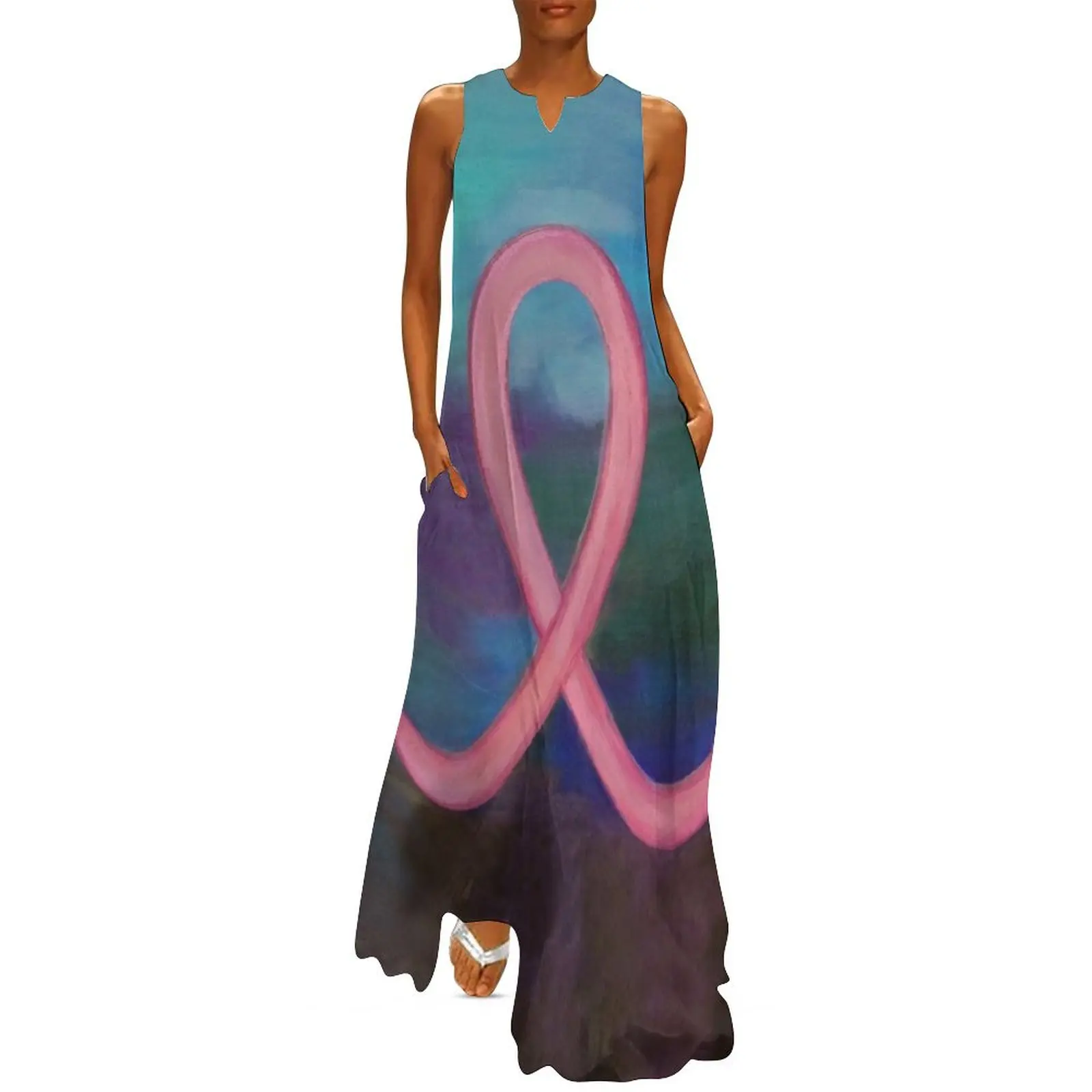 

Supportive Pink Breast Cancer Awareness Ribbon on Jewel Tone Background Long Dress dress korean style summer dress womens 2025