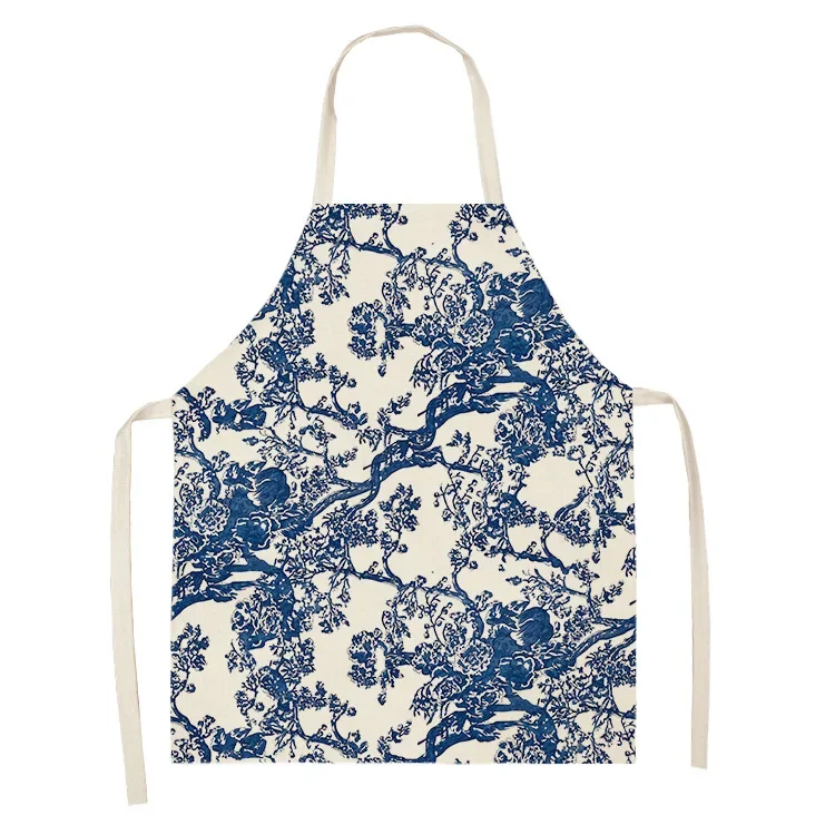 Kitchen apron Celadon Print Cooking baking  Linen  Sleeveless bib Anti-greasy  Chef  Cleaning tools