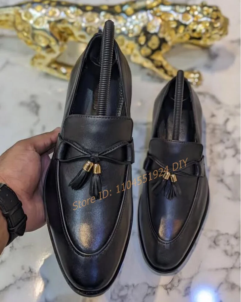

Concise Black Leather Fringe Slip On Loafers Men Tassel Dress Shoes Flats Footwear