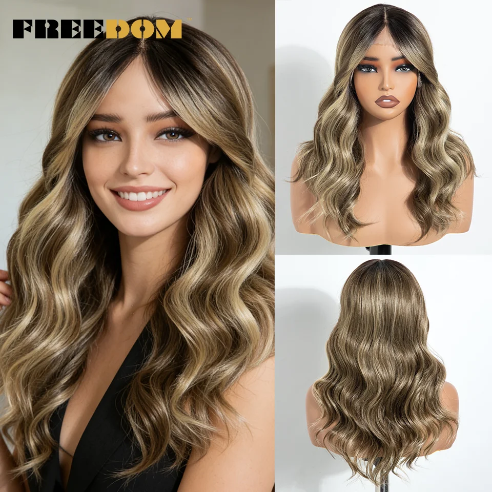 FREEDOM Synthetische Lace-Front-Perücken für Frauen, 18 Zoll, Ombre Braun-Braunblond, gewellte Perücke mit Pony, Highlight-Perücke für den täglichen Gebrauch – Detail 3