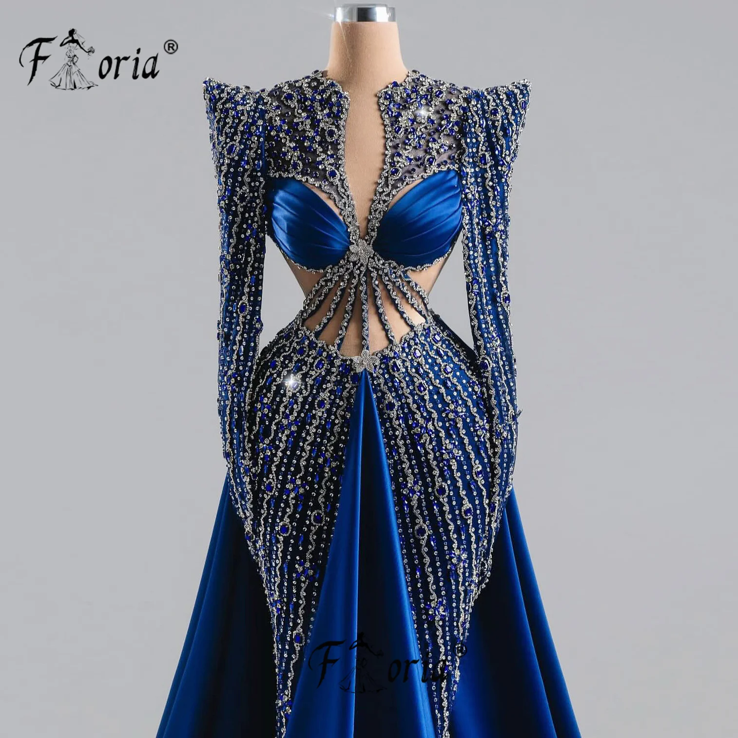 Elegancka suknia wieczorowa typu syrena, cała wysadzana koralikami, z odpinaną spódnicą, niebieskie kryształowe cyrkonie, suknia balowa w stylu Dubai 2025, suknia na przyjęcie.