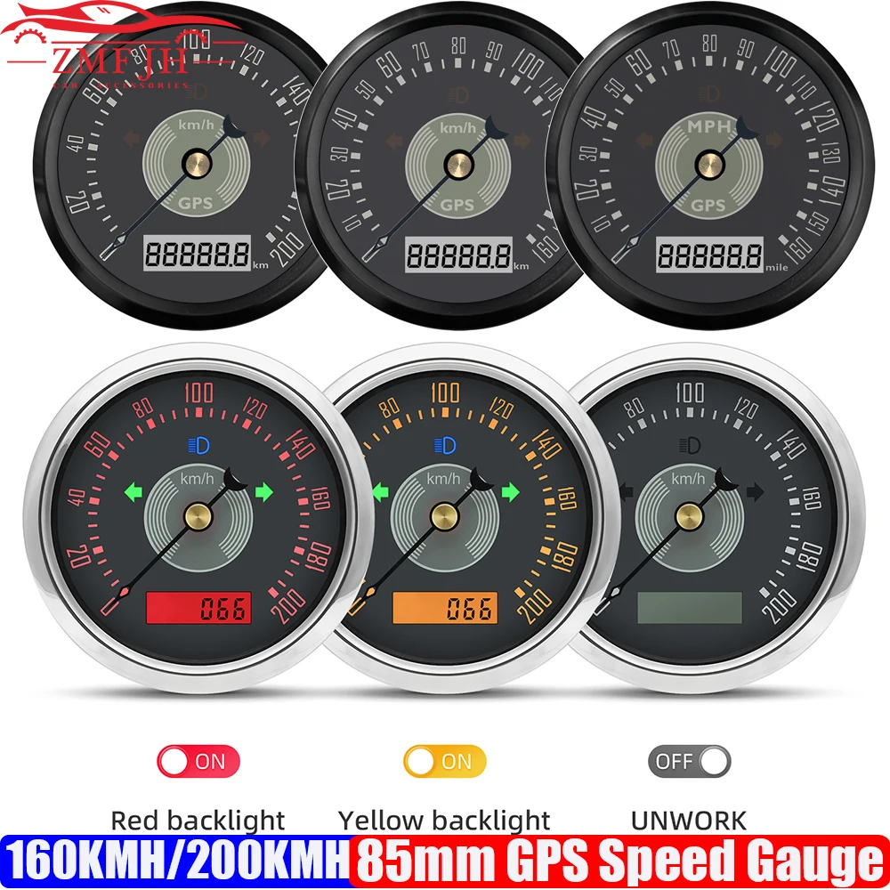 

Retro 85mm GPS Speedometer Gauge with Antenna Yellow Red LED 0~40KMH,0~160KMH,0~200KMH SpeedMeter for Car Boat Yacht Waterproof