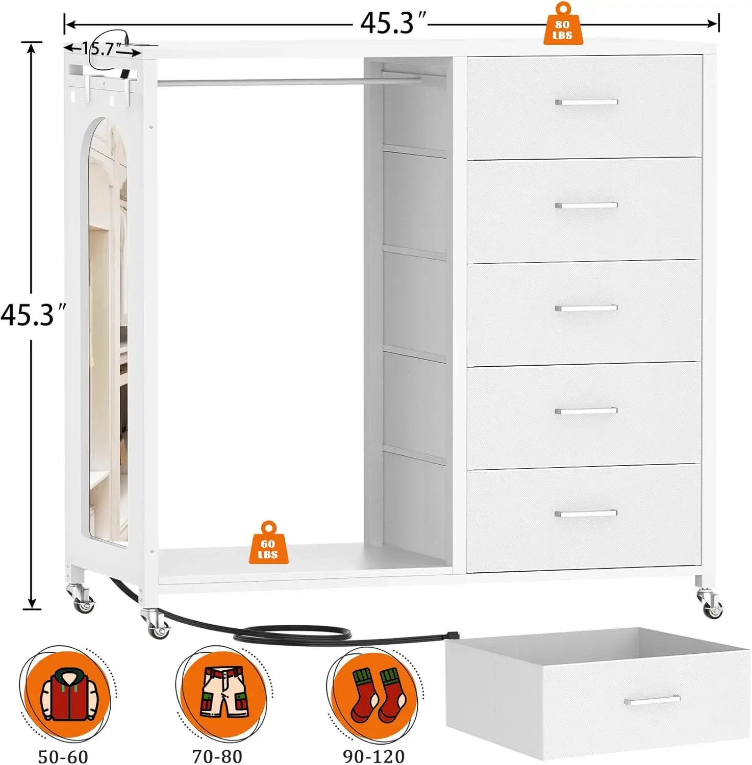 Dresser for Bedroom with Clothes Rack & Mirror, White 5 Drawers Dresser with Charging Station & LED Lights, Rolling Che