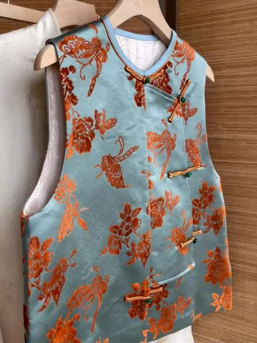 Damska kamizelka w stylu chińskim, nowy trend, mała francuska elegancja, modny top, zapinany na jeden guzik, wzór roślinny.