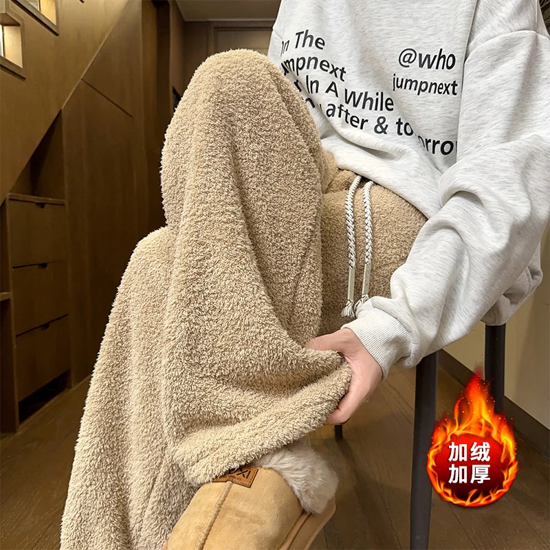

Winter Thick Pants Men Warm Fashion Retro Lamb Wool Pants Men Streetwear Loose Wide Leg Pants Mens Thicken Plush Trousers
