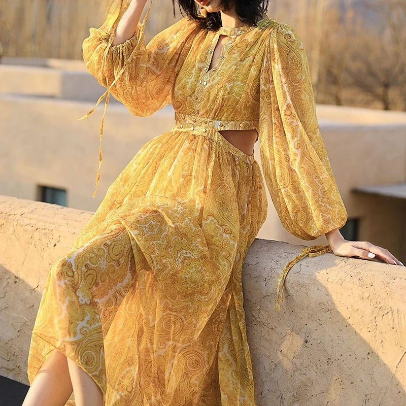 Boho Yellow SILK Dress Women Vintage Lantern Sleeve Maxi Dress Vestido Sexy Flora Printed Desert Woman's Clothing Luxury Design