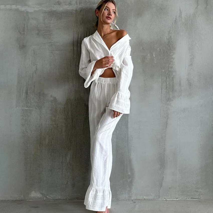 

Casual Women Nightgown 2 Piece Suit Long Sleeve Nightwear Turn-Down Collar Sleepwear Pants Loose Home Clothes Ladies