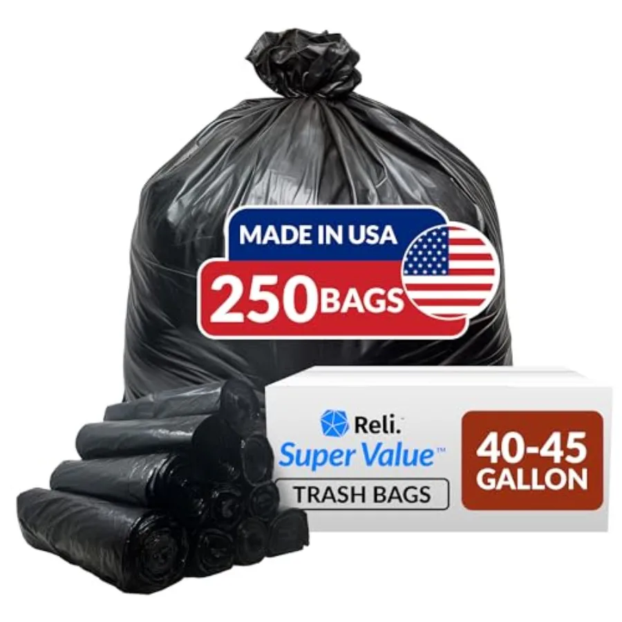 

40 to 45 Gallon Trash Bags Heavy Duty 250 Trash Bags Super Sizeable Black Garbage for Serious Cleanup