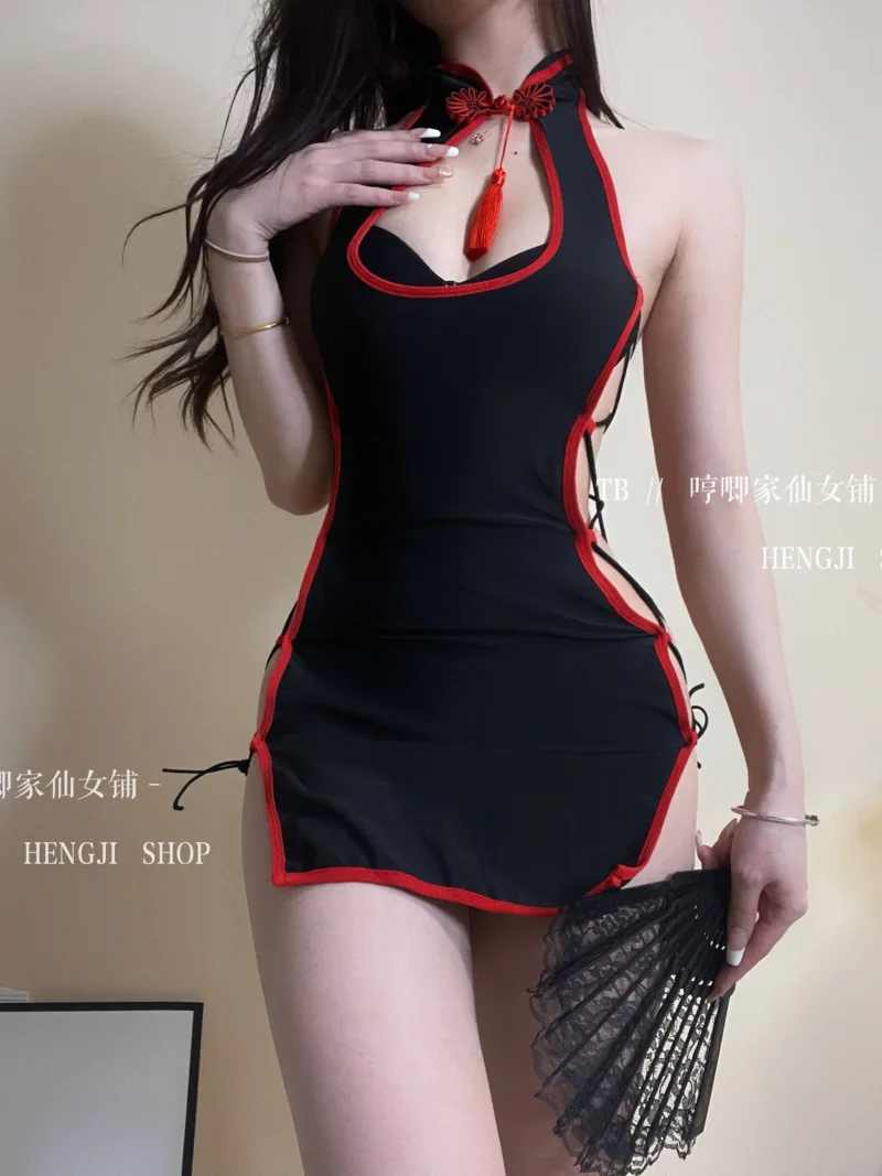 

Spring/Summer New Women's Chinese Style Retro High Split Strap Sexy Tight Dress Hollow out Tassel Decoration Mini Dress XC76