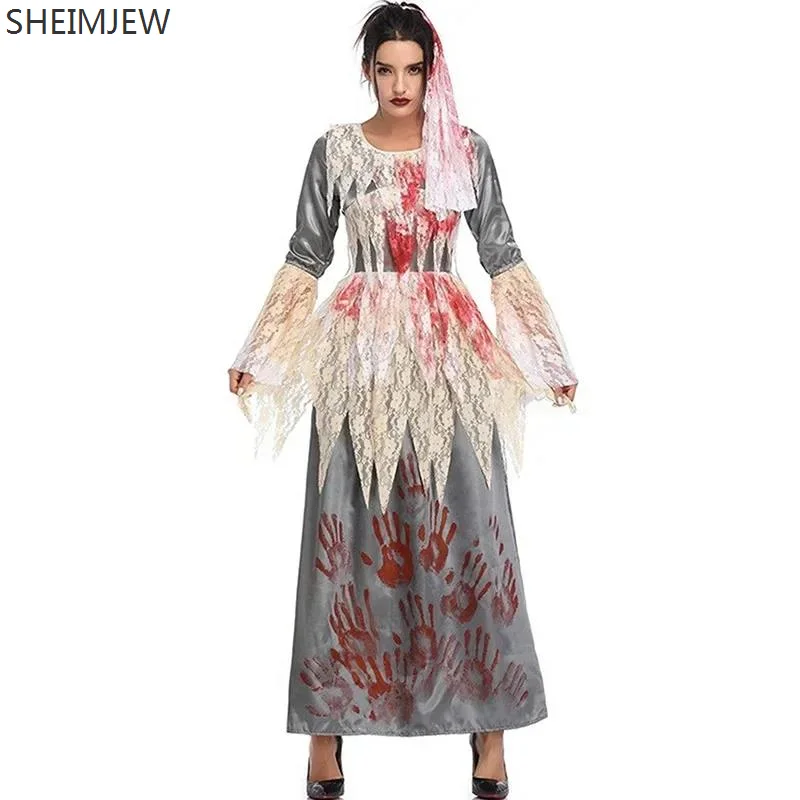 New Ghost Bride Performance Costume For Women Scary And Bloody Zombie Cosplay Masquerade Costumes Long Dress Halloween Party Set