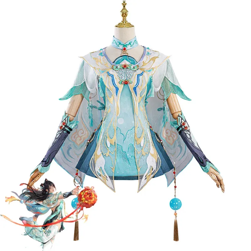 Игра Naraka: Bladepoint Lannie, карнавальный костюм в китайском стиле, зеленая юбка Hanfu, парик, женская обувь, сексуальный традиционный фестивальный костюм6;d'