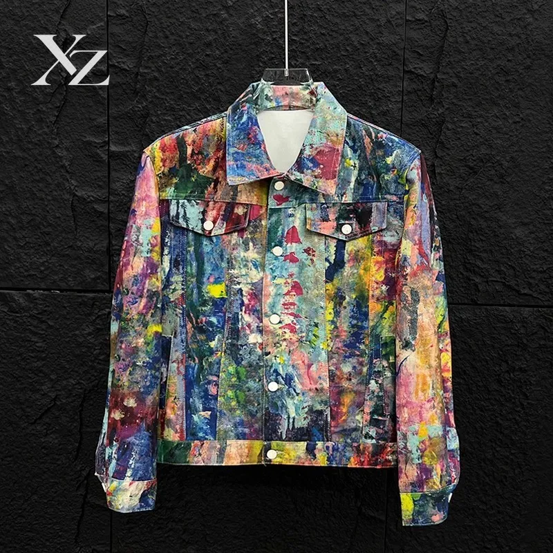 Premium Hip Hop Graffiti Art Denim Jacket for Men – Plus Size Colorful Abstract Oil Painting Casual Streetwear Trucker Coat