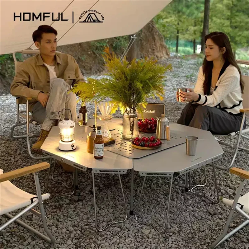 Homful-muebles de exterior de acero inoxidable para 4-6 personas, mesa plegable portátil para acampar, juego de mesa