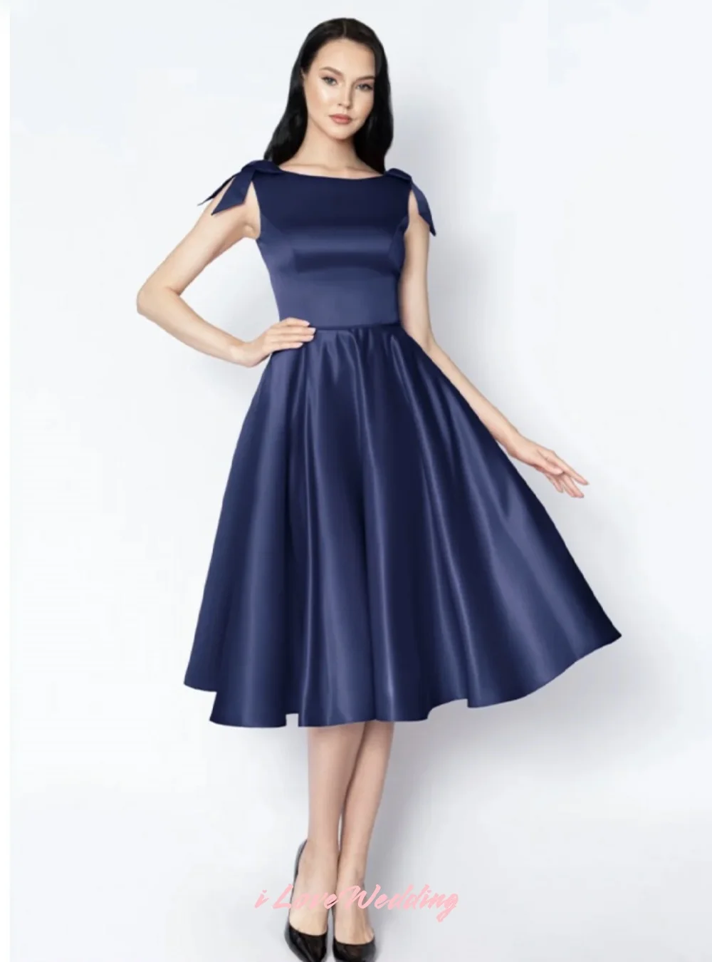 Dunkelblaue Abendkleider 2025, Satin-Schleife, ärmellos, plissiert, knielang, A-Linie, Cocktailkleid, Hochzeitsgast-Kleider, individuell gestaltet