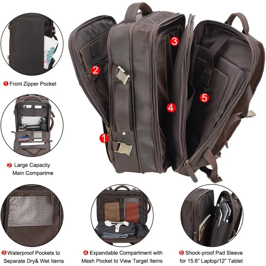 กระเป๋าเป้สะพายหลังหนัง Masa Kawa ขนาด 15.6 นิ้ว สำหรับผู้ชาย ขยายได้ 36 ลิตร เหมาะสำหรับเดินทางเพื่อธุรกิจ กระเป๋าเป้เดินทาง กระเป๋าเป้สำหรับวันหยุดสุดสัปดาห์