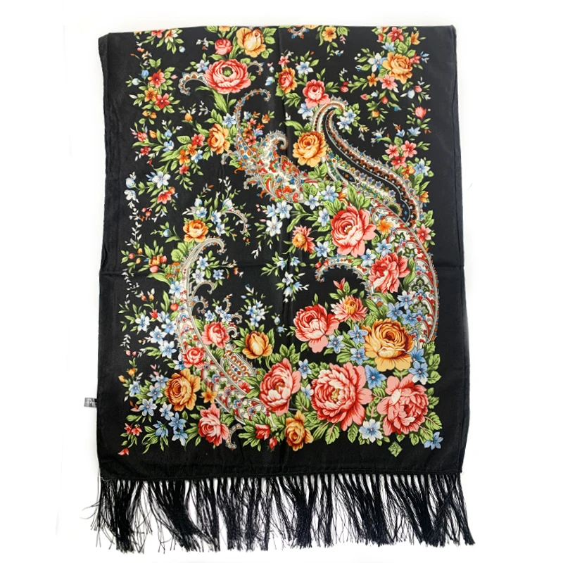 Russian National Scarf Women Floral Print Bandana Shawl Ethnic Fringed Handkerchief Babushka Hijab Head Wraps Pashmina