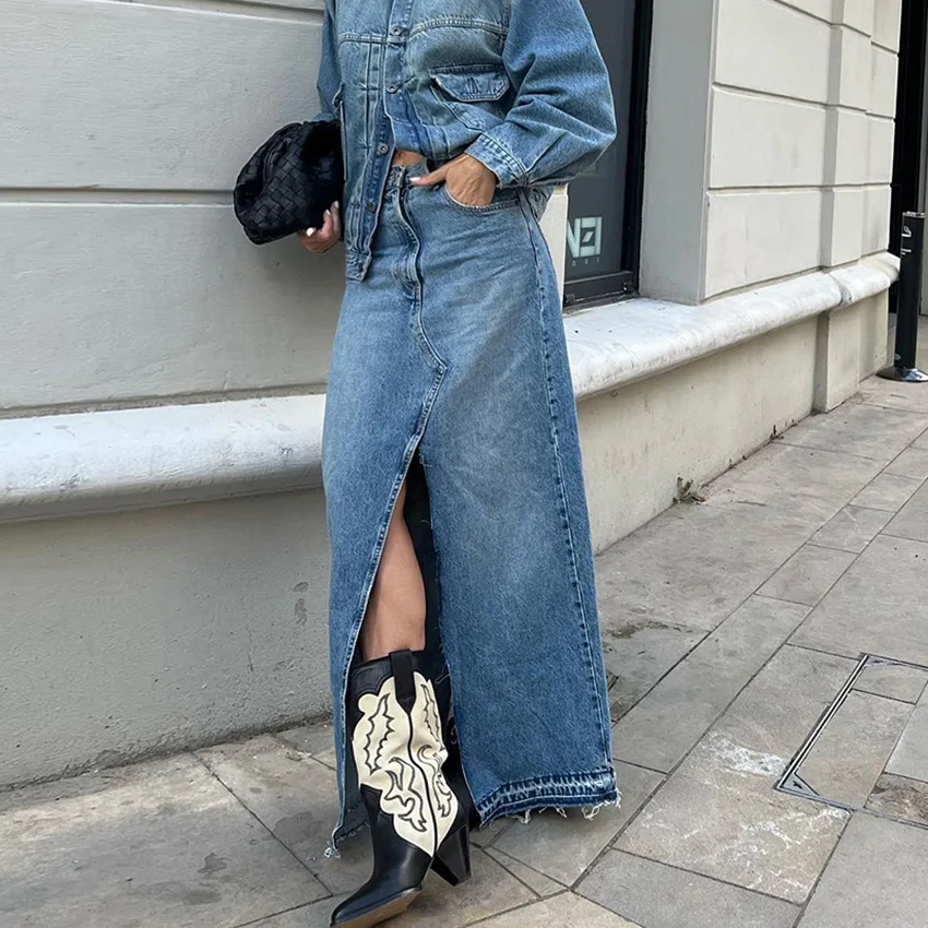 

Denim Long Skirt Women Split Skirts Stretch High Waist Pockets Washed Distressed Mom Jeans 2025 Summer Streetwear Vintage A Line
