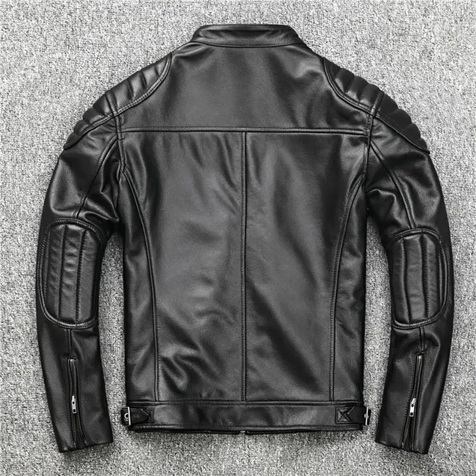 Luxury Cow Leather Jacket Men Stand Collar Short Motorcycle Genuine Man Cotton Padded Coats Spring Autumn Winter