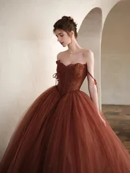 Vestidos de dama de honor sin tirantes de ladrillo rojo, línea A con cuentas, vestidos largos de princesa para boda, noche, fiesta de celebridades, 2024