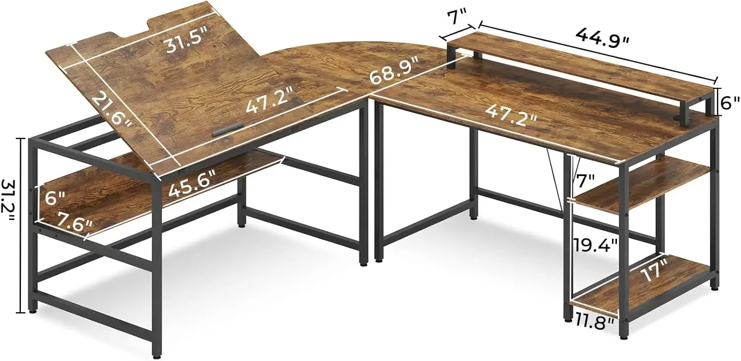 L Shaped Desk, 68.9 inches Corner Computer Desk with Monitor Stand Riser, Drafting Drawing Table with Tiltable Desktop