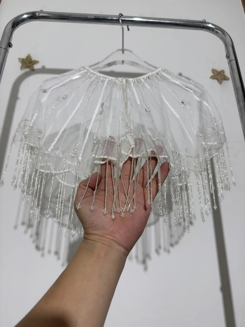 

Retro 1920s Luxurious Handwork Beaded Tassel Shawl Vintage Flapper Evening Cape Sheer Mesh Vertical Bar Bolero Party