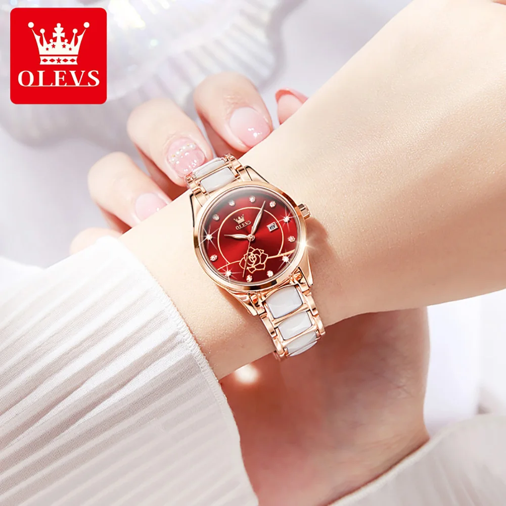 OLEVS 3606 Ladies Watch Luxury Quartz Wristwatch Ceramic Strap Camellia Dial Waterproof  Ladies Date Watch Set Original Reloj