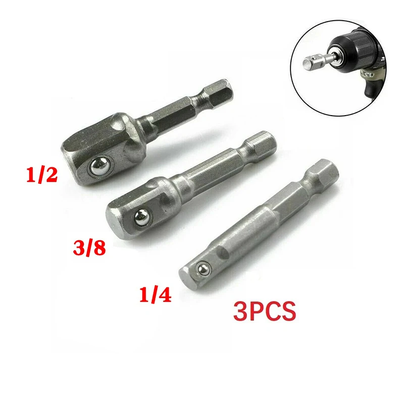 

3PCS Hex Shank to 1/4 "3/8" 1/2" Socket Adapter Set 50mm Chrome Vanadium Steel Impact Drill Socket Nut Driver Extension Bit Kits