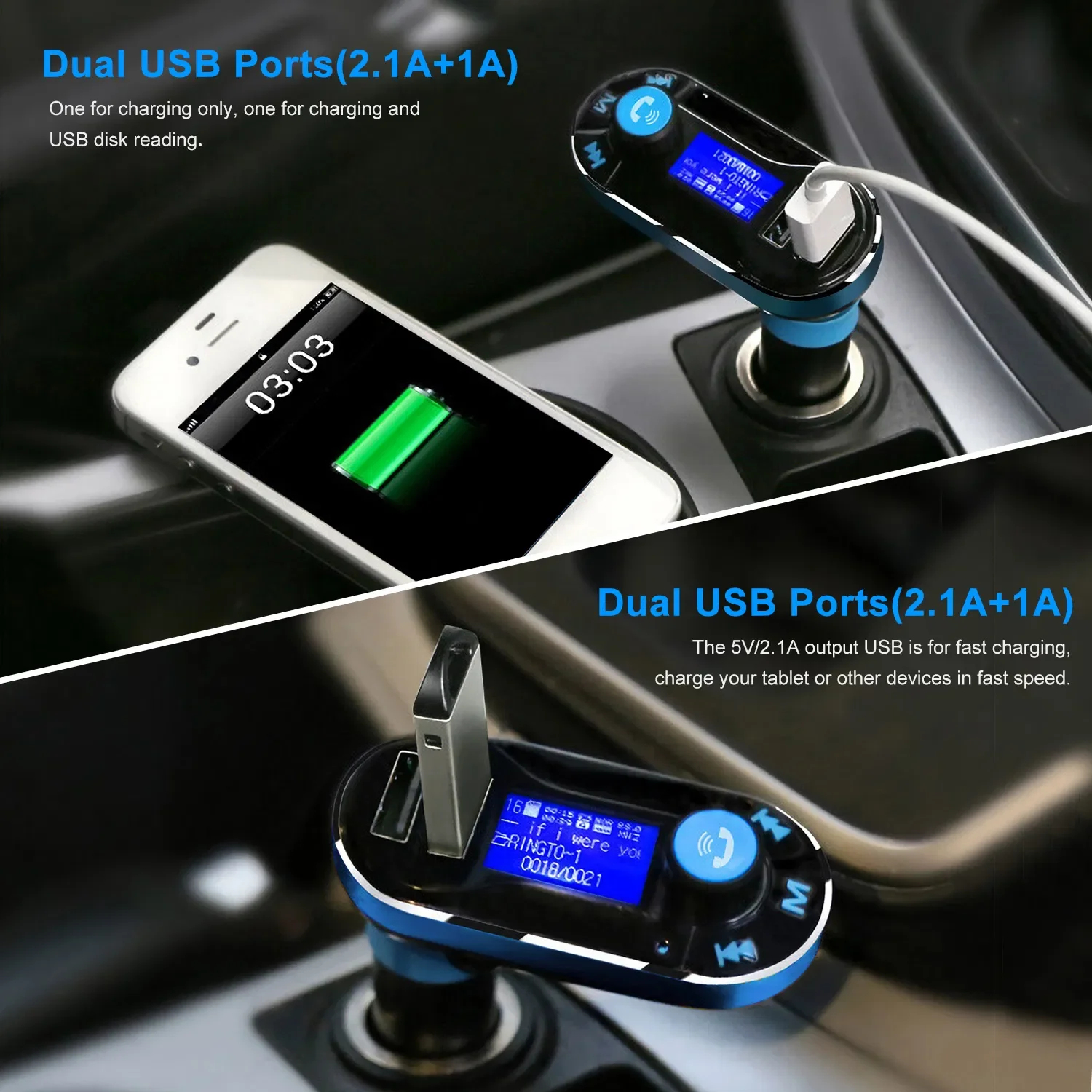 Trasmettitore FM wireless per auto Caricatore doppio USB Chiamata in vivavoce Lettore MP3 Display a LED ausiliario Telecomando