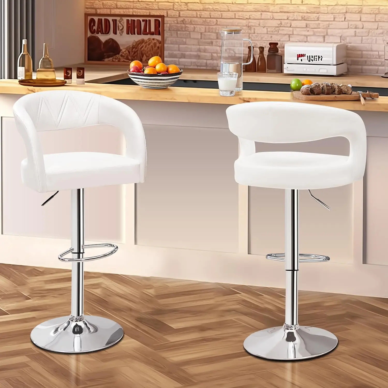 VECELO Bar Stools Set of 2 Swivel Adjustable Modern Pu Leather Barstools, Counter Bar Stools with Back and Arms, for Kitchen