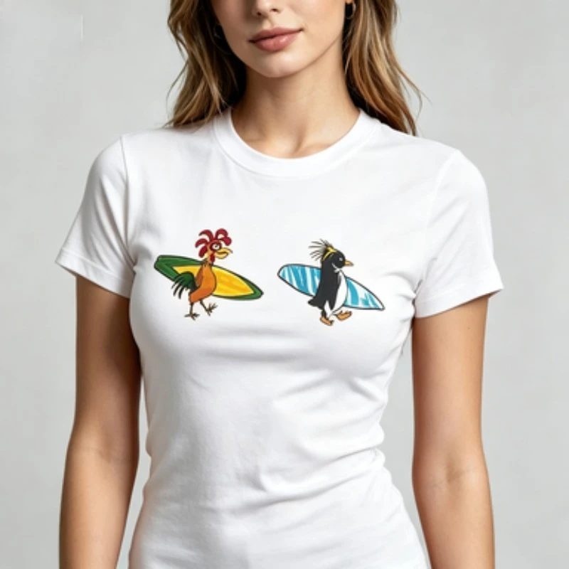 Female Cotton Crew Neck T-Shirt Cute Rooster Penguin With Surfboard Cartoon Print Summer Casual Fashion Tee